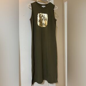 Calvin Klein Logo Green & Gold Logo Rayon Blend Stretchy Dress Size Small